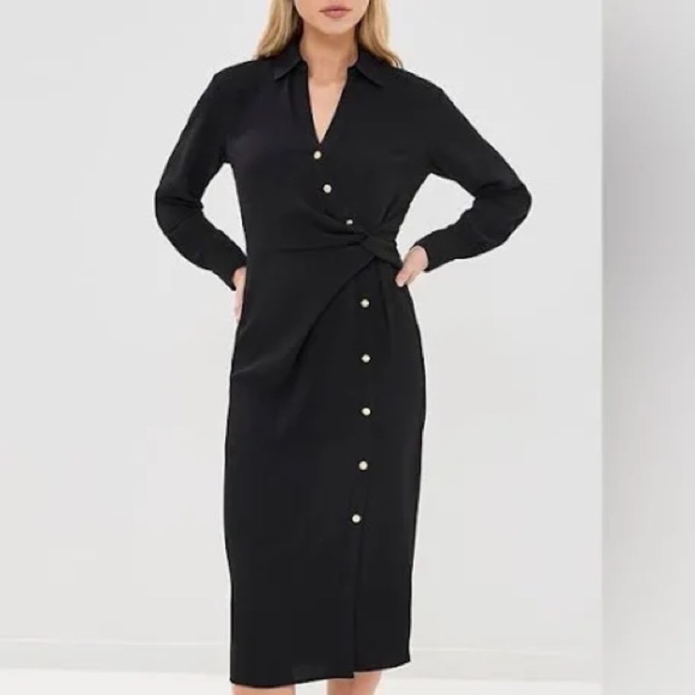 Veronica Beard Black Long Sleeve Twist-Waist Midi Dress